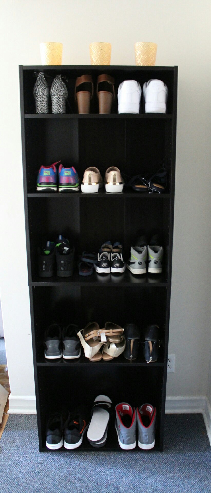 Bookshelf turned shoe storage