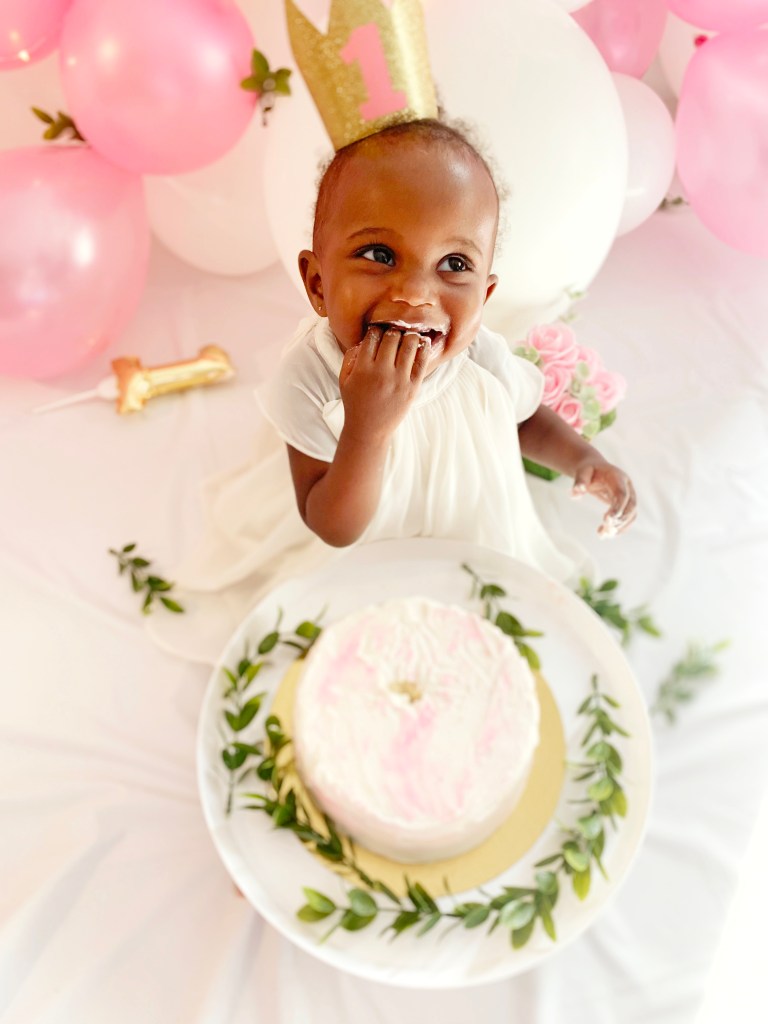 Baby Girl’s First Birthday Pink, White and Gold Themed Cake Smash ...